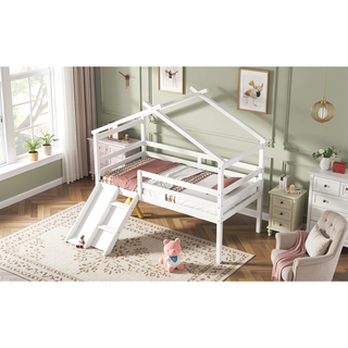 Sunvega Twin Low Loft House Bed with Slide Ladder Safety Guardrails and Roof Frame