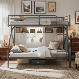 Sunvega Gray Metal Twin/Full Bunk Bed with Guard Rails and Ladder