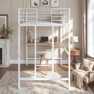 Sunvega Twin Metal Loft Bed with Desk, Metal Grid and Guardrail for Bedroom