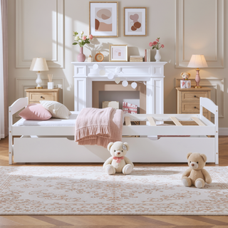 Sunvega White Twin Size Platform Bed with Trundle and Headboard Footboard