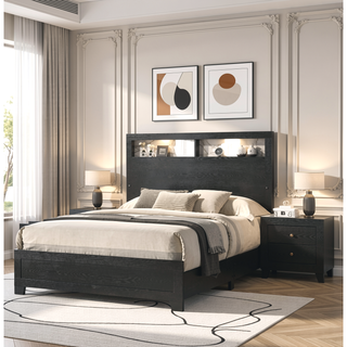 Sunvega Contemporary King Size Panel Bed Headboard with LED Sleek Sloping Design Black Finish