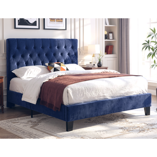 Sunvega Navy Blue Queen Upholstered Bed with Transitional Style for Bedroom