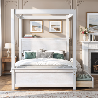 Sunvega Modern Wood Canopy Bed with Two Drawers and Brushed White Finish