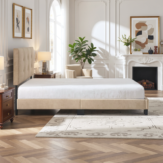 Sunvega Light Brown Velvet Upholstered Queen Platform Bed with Adjustable Height Headboard