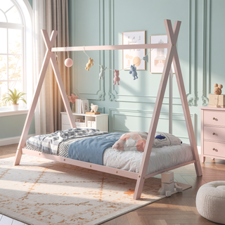 Sunvega Pink Twin Size Metal House Bed Frame with Slat Base for Kids