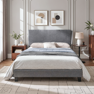 Sunvega King Size Upholstered Platform Bed with Button Tufted Linen Headboard