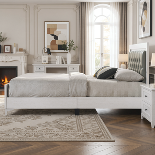 Sunvega Contemporary White Queen Size Platform Bed with LED Light Headboard