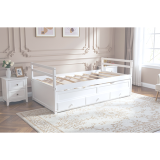Sunvega Twin Size Pine Wood Bed with Headboard, Footboard, Trundle, and Three Storage Drawers