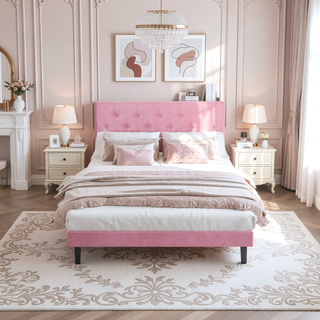 Sunvega Modern Upholstered Platform Bed Frame with Button Tufted Linen Headboard