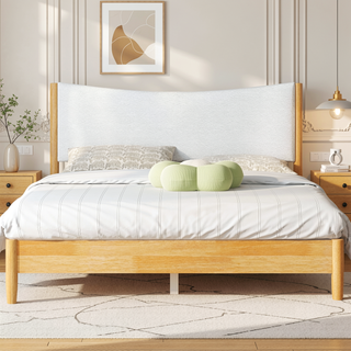 Sunvega Queen Size Boucle Upholstered Headboard Solid Rubber Wood Bed with Support Feet