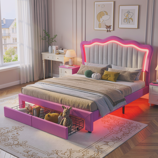 Sunvega Full Size Pink and White Upholstered Princess Bed with Crown Headboard