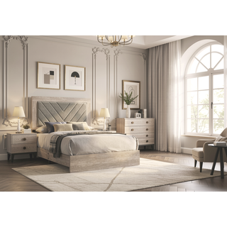 Sunvega Contemporary Cream California King Size Bed with V-Design Headboard