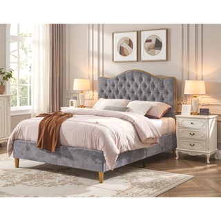 Sunvega Upholstered Queen Bed Frame with Tufted Headboard and Curved Design