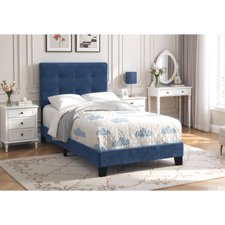 Sunvega Twin Size Upholstered Platform Bed Frame in Blue Velvet Fabric