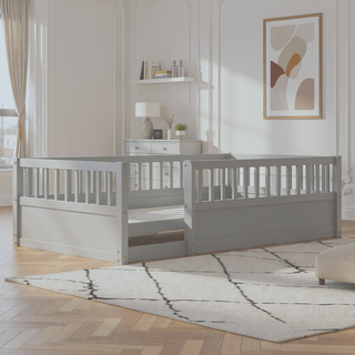 Sunvega Montessori Wooden Children's Floor Bed Frame with High Safety Fence