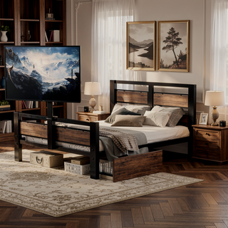 Sunvega Twin Size Metal Platform Bed with MDF Headboard and Two Storage Drawers