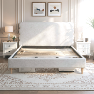 Sunvega Retro Modern Wavy Headboard Platform Bed with Upholstered Frame in Antique White