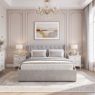 Sunvega Dark Grey Full Size Bed Frame with 4 Storage Drawers and Wingback Headboard