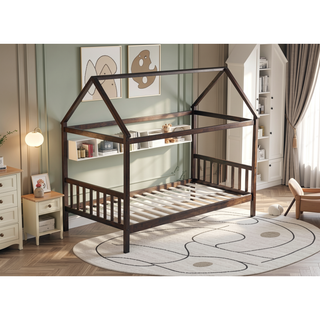 Sunvega Twin Rubber Wood House Bed with Headboard and Footboard in Light Grey