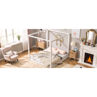Sunvega White Queen Size Canopy Platform Bed with Support Legs and Sturdy Frame