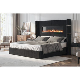 Sunvega Queen Size Upholstered Bed with Electric Fireplace and Bluetooth Speakers in Gray Velvet