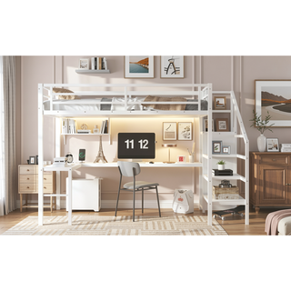 Sunvega Twin XL Loft Bed with Wardrobe Stairs USB LED Light and Desk