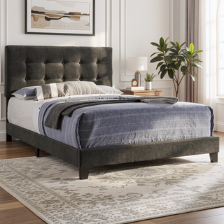 Sunvega Tufted Queen Panel Bed with Low Platform for Modern Bedroom Decor