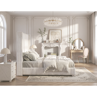 Sunvega Contemporary White Fur Chenille Fabric Mattress Ready Queen Size Bed