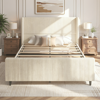 Sunvega Cream Queen Size Corduroy Upholstered Bed Frame with Winged Headboard