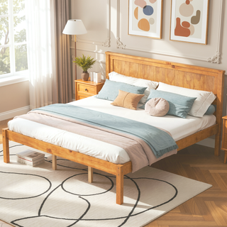 Sunvega Sturdy Wood Platform Bed Frame with Headboard for Queen Size Oak Finish