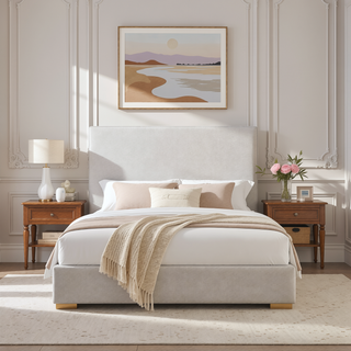 Sunvega Lucas Tall 52" High Upholstered Bed with Textured Ivory Canvas Headboard