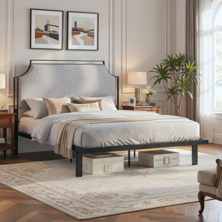 Sunvega Traditional Upholstered Metal Queen Bedframe with Fire Resistant Fabric