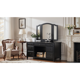 Sunvega Contemporary Black Rubber Wood Vanity Set with Foldable Mirror and Stool