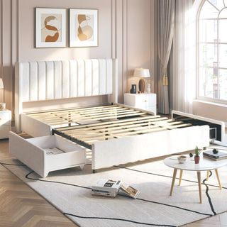 Sunvega Queen Size Ivory Boucle Upholstered Platform Bed with 4 Storage Drawers