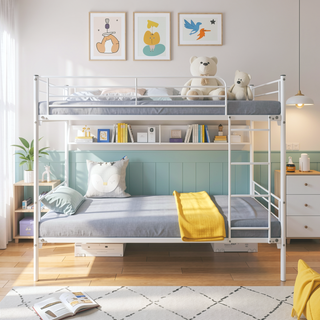 Sunvega Sturdy Twin over Twin Metal Bunk Bed Frame with Ladder and Vintage Headboard
