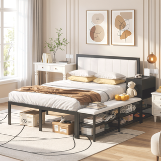 Sunvega Full Size Metal Platform Bed with Two Tier Storage Shelves and Wooden Cabinet