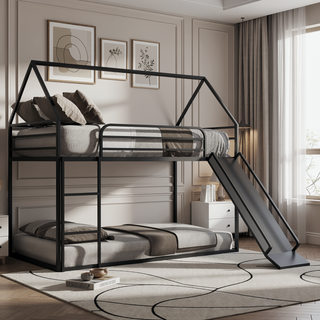 Sunvega Twin Over Twin House Bunk Bed with Slider and Ladder for Kids Room