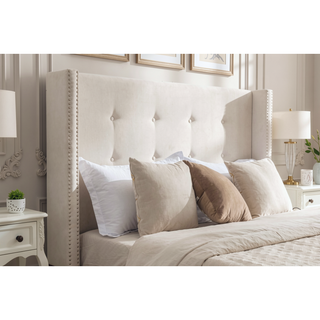 Sunvega Blue Velvet King Bed with Nailhead Trim Wingback and Buttoned Tufting