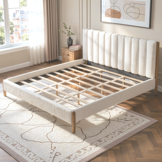 Sunvega King Size Bed Frame with Boucle Upholstered Headboard and Solid Wood Legs