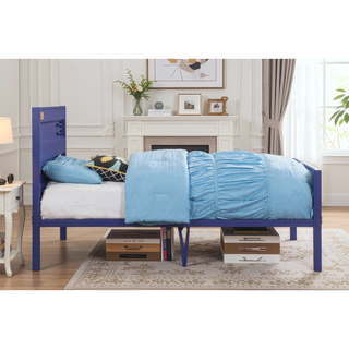 Sunvega Cargo Blue Finish Twin Bed with Metal Frame and Recessed Panels