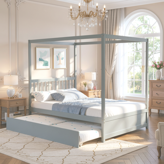 Sunvega Full Size House Canopy Bed Frame with Twin Trundle and Headboard Grey