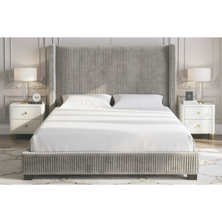 Sunvega Queen Upholstered Pleated Bed in a Box with Sturdy Dark Brown Frame