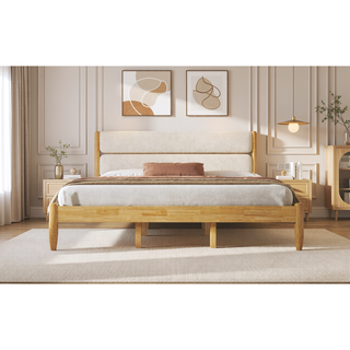 Sunvega King Size Solid Wood Bed Frame With Fleece Upholstered Headboard