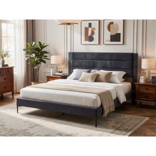 Sunvega Queen Size Bed with Storage Drawer and Charcoal Corduroy Headboard