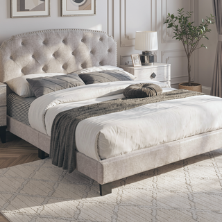 Sunvega European Style Light Brown Burlap Button Tufted Queen Size Headboard