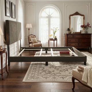 Sunvega Full Bed with Nailhead Trim and Solid Wood Legs in Modern Black Finish