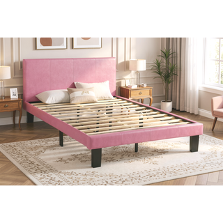 Sunvega Pink Faux Leather Upholstered Twin Size Platform Bed with Wooden Slats