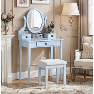 Sunvega Pink Wood Makeup Vanity Table and Stool Set with Mirror and Storage Drawers