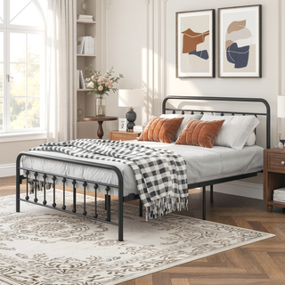 Sunvega Victorian Style Queen Size Metal Platform Bed Frame with Headboard and Under Bed Storage