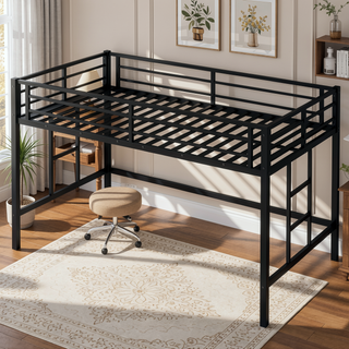 Sunvega Twin Size Metal Loft Bed with Storage Shelf and Safety Guardrails for Kids